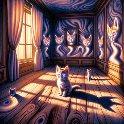 The primary subject of the image is a cat sitting in a room. The setting is a room with a wooden floor and a window. The visual style is a digital art or illustration, creating a surreal and whimsical atmosphere. The dominant colors are blue and orange, with the blue eyes of the cat and the orange and blue background.